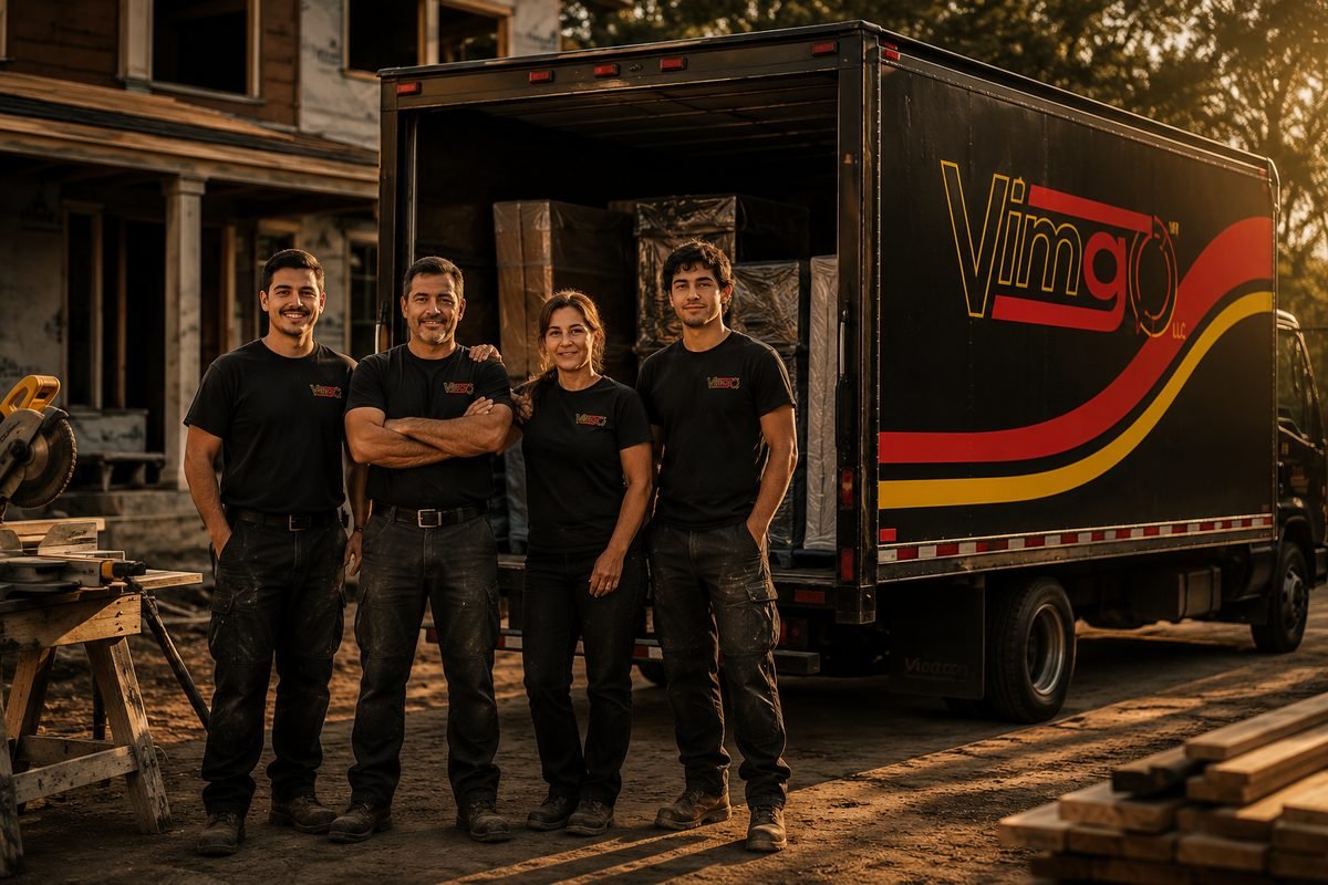 VimGO LLC family crew of four standing in front of the box truck at a job site