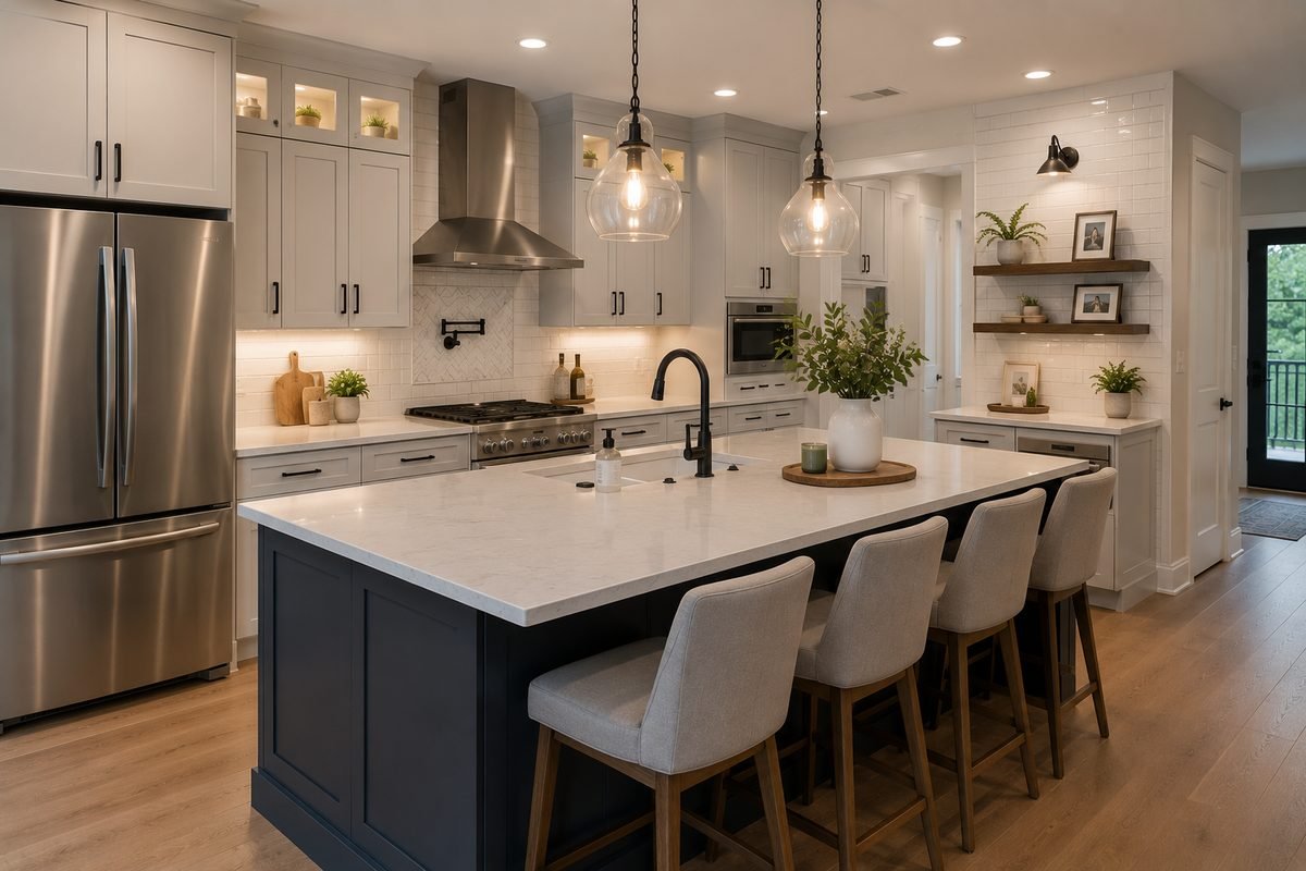 Upscale kitchen remodel in progress with marble island and pendant lighting