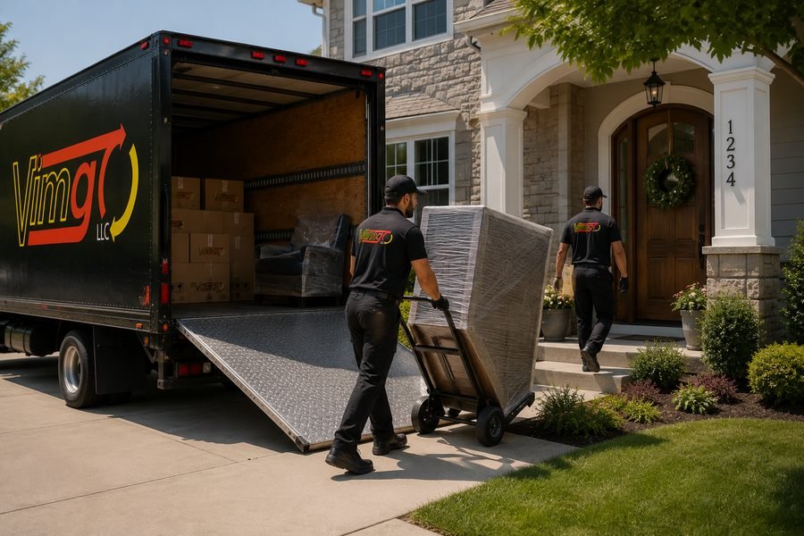 VimGO movers delivering a wrapped item to a customer's front door