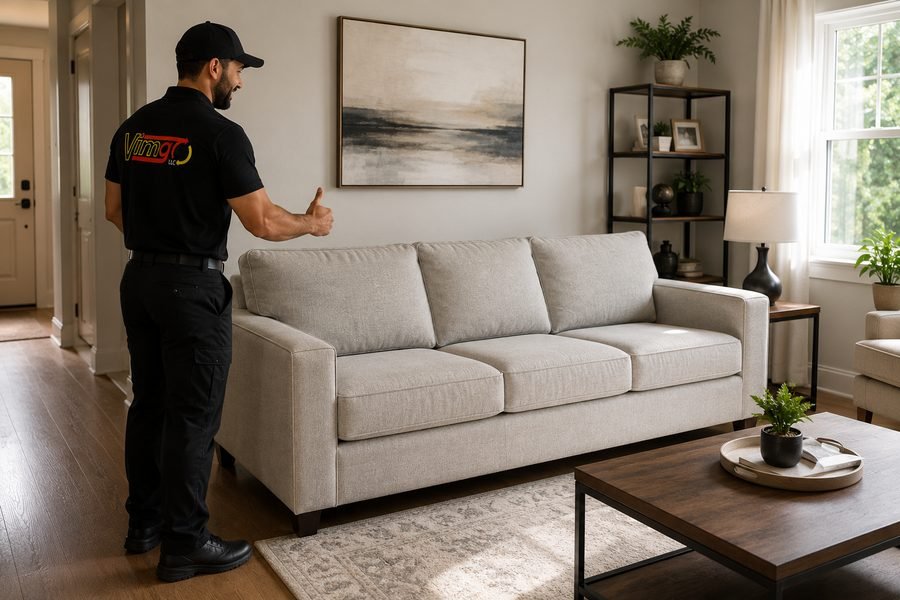 VimGO mover giving a thumbs up next to an assembled sofa at the delivery destination