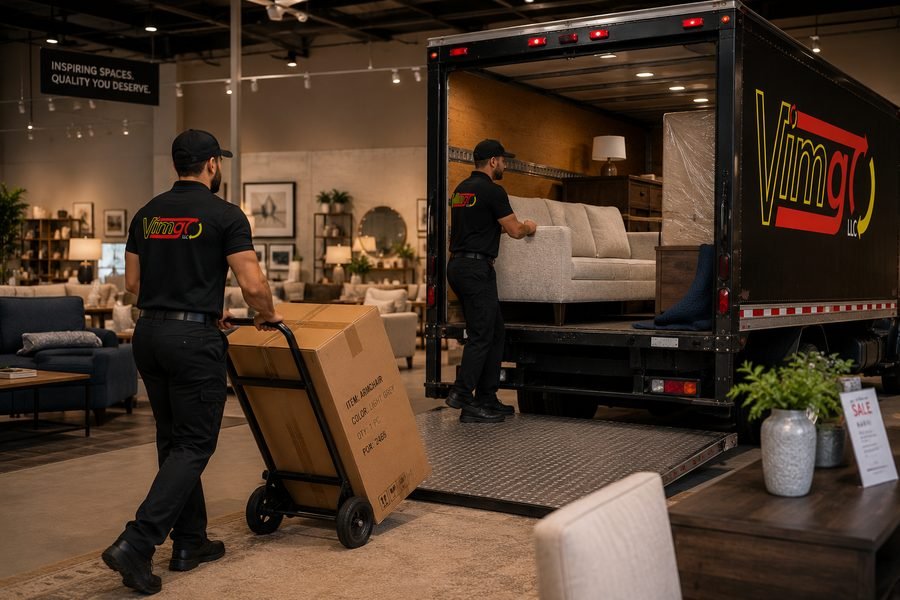 VimGO crew loading an armchair from a furniture store into the delivery truck