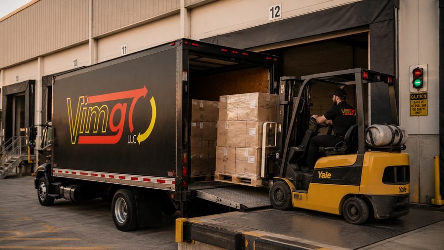 VimGO crew member loading palletized freight with a forklift at a dock-height warehouse door