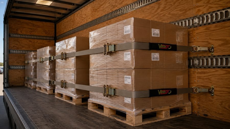 Pallets of boxed freight secured with VimGO branded E-track ratchet tie-downs