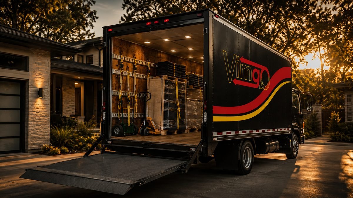 VimGO LLC 26-foot box truck with rear doors open and lift gate lowered at a residential driveway