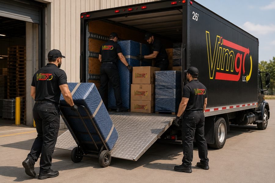 VimGO crew loading wrapped furniture and boxes into the 26 foot box truck