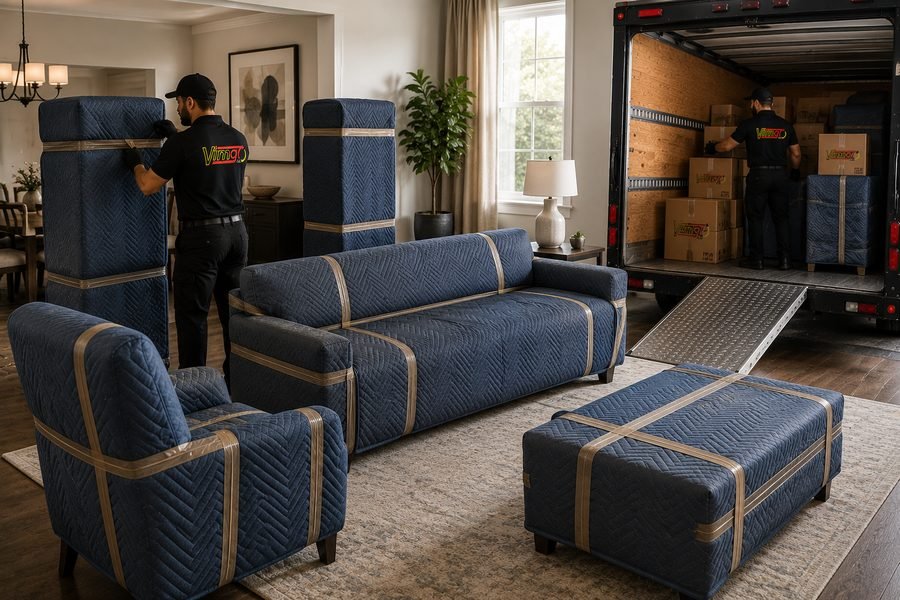 Blue quilted furniture pad-wrapped and staged for loading in a living room
